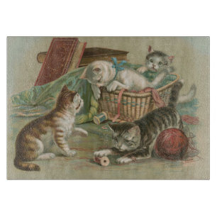 Vintage Victorian Kittens Playing in Sewing Basket Cutting Board