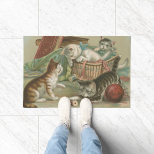 Vintage Victorian Kittens Playing in Sewing Basket Doormat