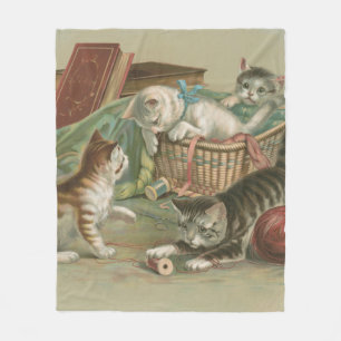 Vintage Victorian Kittens Playing in Sewing Basket Fleece Blanket
