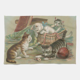 Vintage Victorian Kittens Playing in Sewing Basket Kitchen Towel