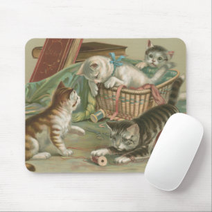 Vintage Victorian Kittens Playing in Sewing Basket Mouse Pad