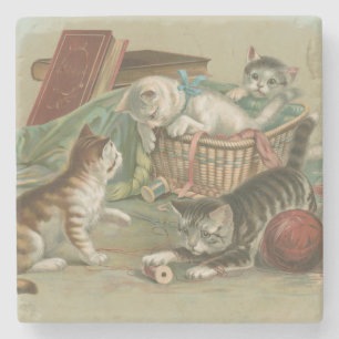 Vintage Victorian Kittens Playing in Sewing Basket Stone Coaster