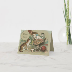 Vintage Victorian Kittens Playing in Sewing Basket Thank You Card