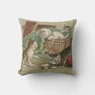 Vintage Victorian Kittens Playing in Sewing Basket Throw Pillow