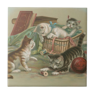 Vintage Victorian Kittens Playing in Sewing Basket Tile