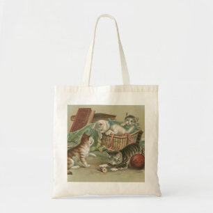 Vintage Victorian Kittens Playing in Sewing Basket Tote Bag