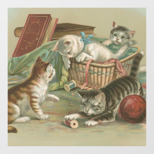 Vintage Victorian Kittens Playing in Sewing Basket Window Cling