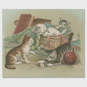 Vintage Victorian Kittens Playing in Sewing Basket Wrapping Paper