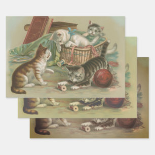 Vintage Victorian Kittens Playing in Sewing Basket Wrapping Paper Sheet