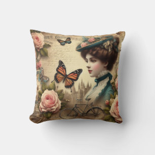 Vintage Victorian Lady and Bicycle Collage  Throw Pillow