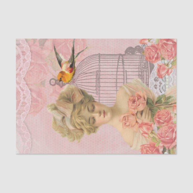 Vintage Victorian Lady and Birdcage. Tissue Paper (Front)