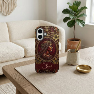 Vintage Victorian Lady Burgundy Wine Leather Chic iPhone 16 Case