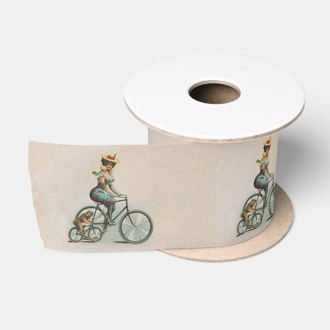 Vintage Victorian Lady Dog Bicycle Satin Ribbon (Spool)