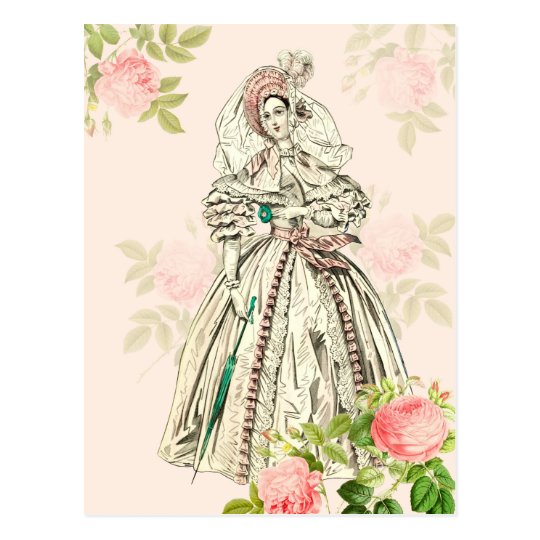 Vintage victorian lady fashion postcard in pink
