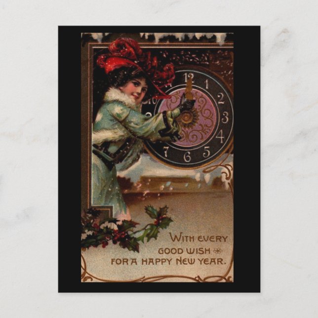 Vintage Victorian Lady Happy New Year Postcard (Front)