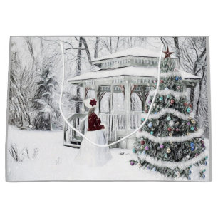 Vintage Victorian lady in winter park drawing  Large Gift Bag