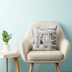 Vintage Victorian lady in winter park drawing  Throw Pillow
