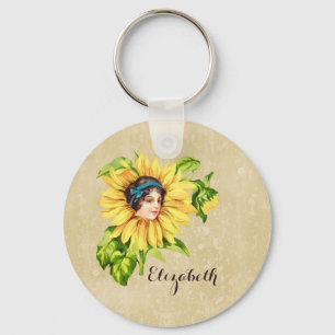 Vintage Victorian Lady Summer Sunflower With Name Keychain