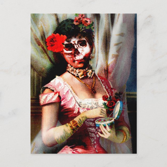 Vintage Victorian Lady Vanity Skull Postcard (Front)