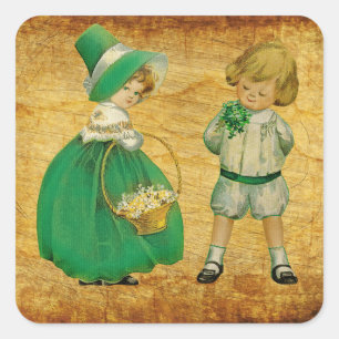 Vintage Victorian little Girl and Boy St Patrick Square Sticker