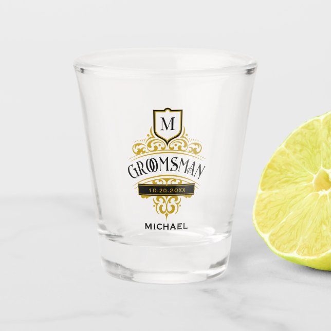 Vintage Victorian Monogram Elegant Groomsmen Shot Glass (Front)