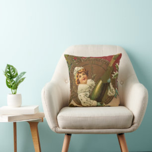 Vintage Victorian New Years Eve Champagne Angel Throw Pillow