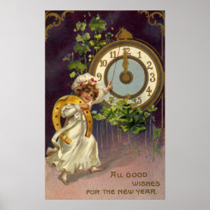 Vintage Victorian New Years Eve, Clock at Midnight Poster