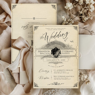 Vintage Victorian Old Money Elegant Black Wedding Invitation