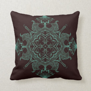 Vintage Victorian Ornament Teal & Brown Background Throw Pillow