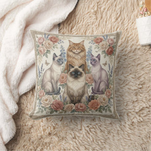 Vintage Victorian Ornamental Floral Feline Art Throw Pillow