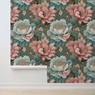Vintage Victorian Peonies Blue Pink Large Floral  Wallpaper