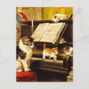 Vintage Victorian Piano Lesson Kittens Painting  Postcard