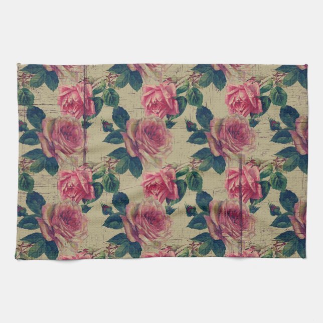 Vintage Victorian Pink Flowers Kitchen Towel (Horizontal)