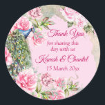 Vintage Victorian pink peony roses peacock custom Classic Round Sticker<br><div class="desc">Vintage Victorian pink peony roses peacock custom wedding favour thank you stickers.</div>