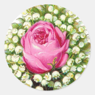 Vintage Victorian Pink Rose & Lily of the Valley Classic Round Sticker