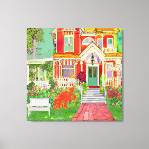 Vintage Victorian Red House with Wrap Around Porch Canvas Print