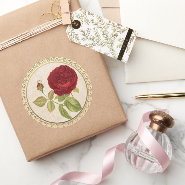 Vintage Victorian Red Rose Classic Round Sticker (Gifting)