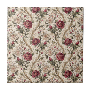 Vintage Victorian Rose & Damask Floral Pattern Art Tile