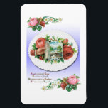 Vintage Victorian Roses Friendship Art Magnet<br><div class="desc">Victorian roses floral art is a reproduction of a Victorian scrap framed in pink and red roses and flowers on a white oval over a blue background. A hand is opening a window to reveal a sailboat on a romantic lake surrounded by trees.</div>
