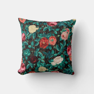 Vintage Victorian Roses on Striped Black and Grey Throw Pillow