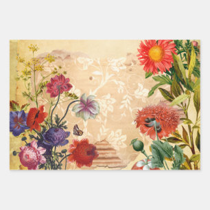 Vintage Victorian Rustic Floral Old Decoupage Wrapping Paper Sheet