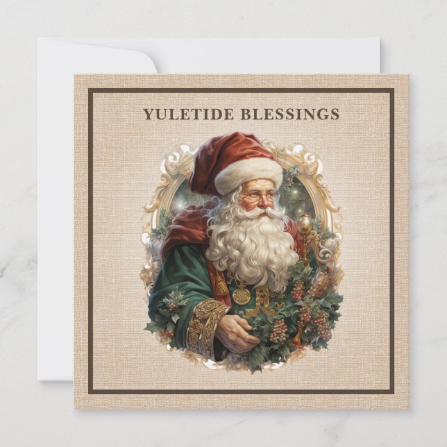 Vintage Victorian Santa Burlap Luxury Holiday Card (Front)