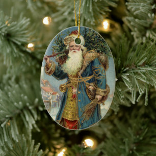 Vintage Victorian Santa Claus with Christmas Tree Ceramic Ornament