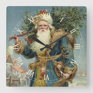 Vintage Victorian Santa Claus with Christmas Tree Square Wall Clock