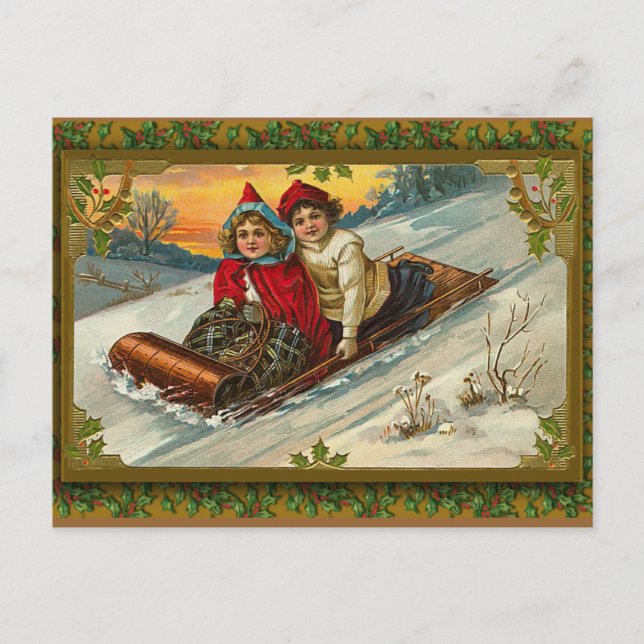 Vintage Victorian Sledding Illustration on Cards (Front)