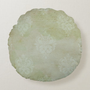 Vintage Victorian Smoky Green Faded Damask Round Pillow