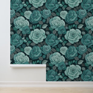 Vintage Victorian Teal Grey Floral Climbing Roses Wallpaper