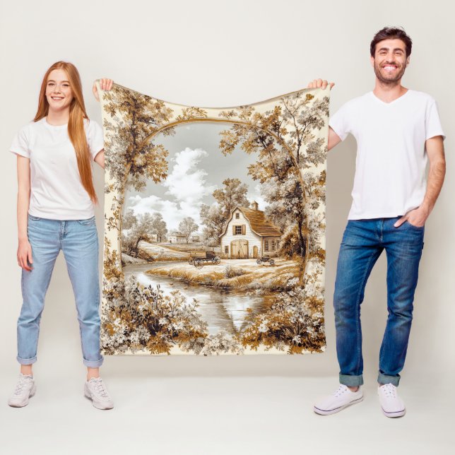 Vintage Victorian Toile Country Scene Fleece Blanket (In Situ)
