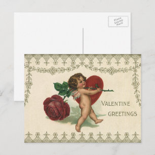 Vintage Victorian Valentine Cherub, Rose and Heart Holiday Postcard