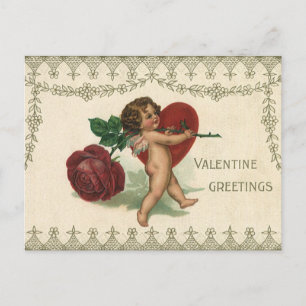 Vintage Victorian Valentine Cherub, Rose and Heart Holiday Postcard